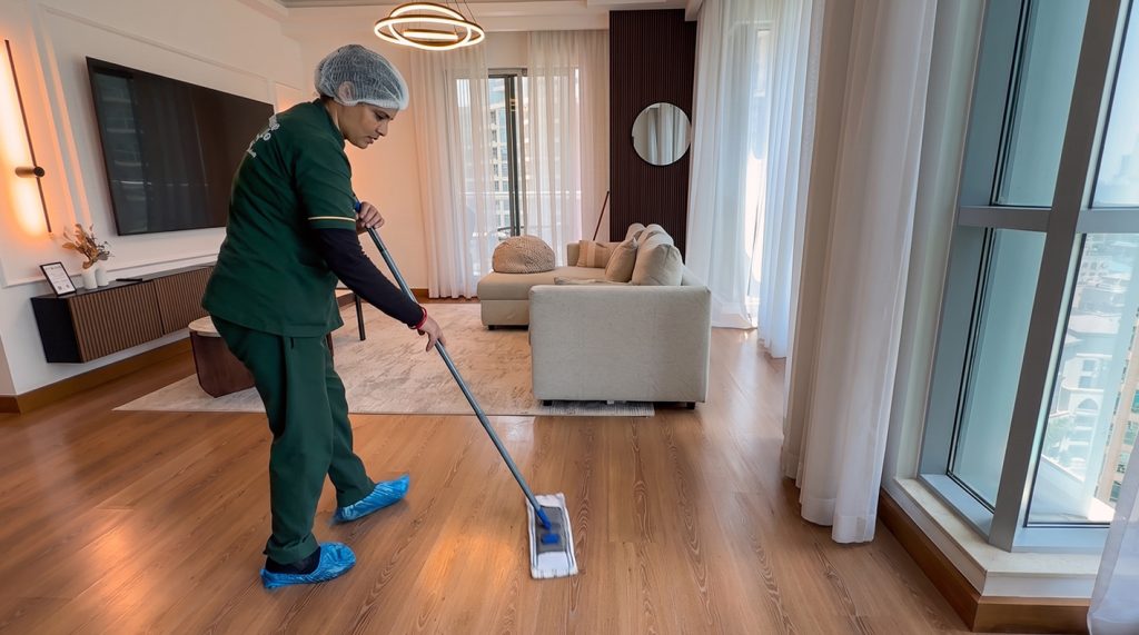 Deep home cleaning professionals cleaning a modern villa